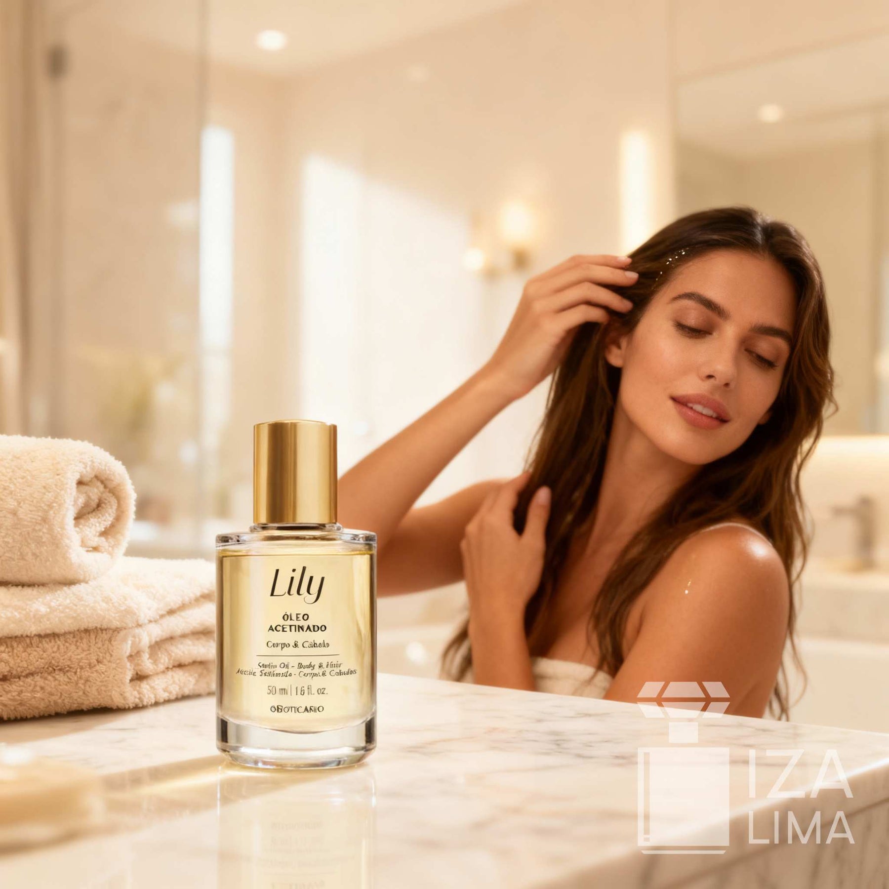 Óleo Acetinado Multifuncional Corpo e Cabelo Lily 50ml – Soin Luxueux pour une Peau et des Cheveux Sublimes